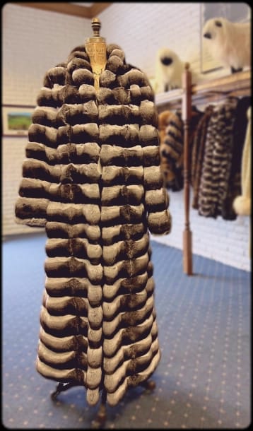 A full-length chinchilla fur coat with horizontal light and dark stripes, displayed on a wooden mannequin in a retail store.