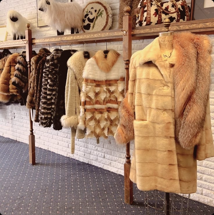 A retail display of numerous fur coats in different styles and colors, including a light blonde mink coat with a fox fur stole on a mannequin.