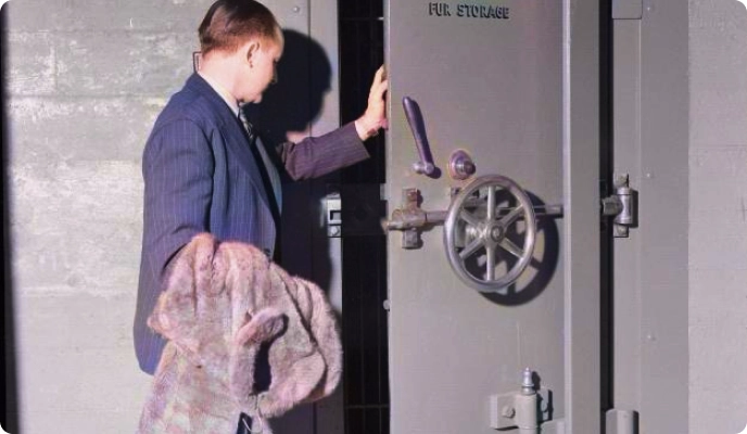 man holding a fur coat moving into storage